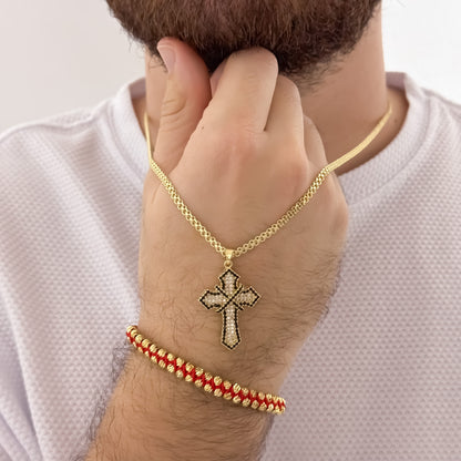 Cadena Tejido Chino de Hombre de 60cm de 3mm + Cruz Con Micro circones Negro + Pulsera Doble Carril en Balin italiano de 4mm en Oro Laminado 18k con Garantia de por vida L