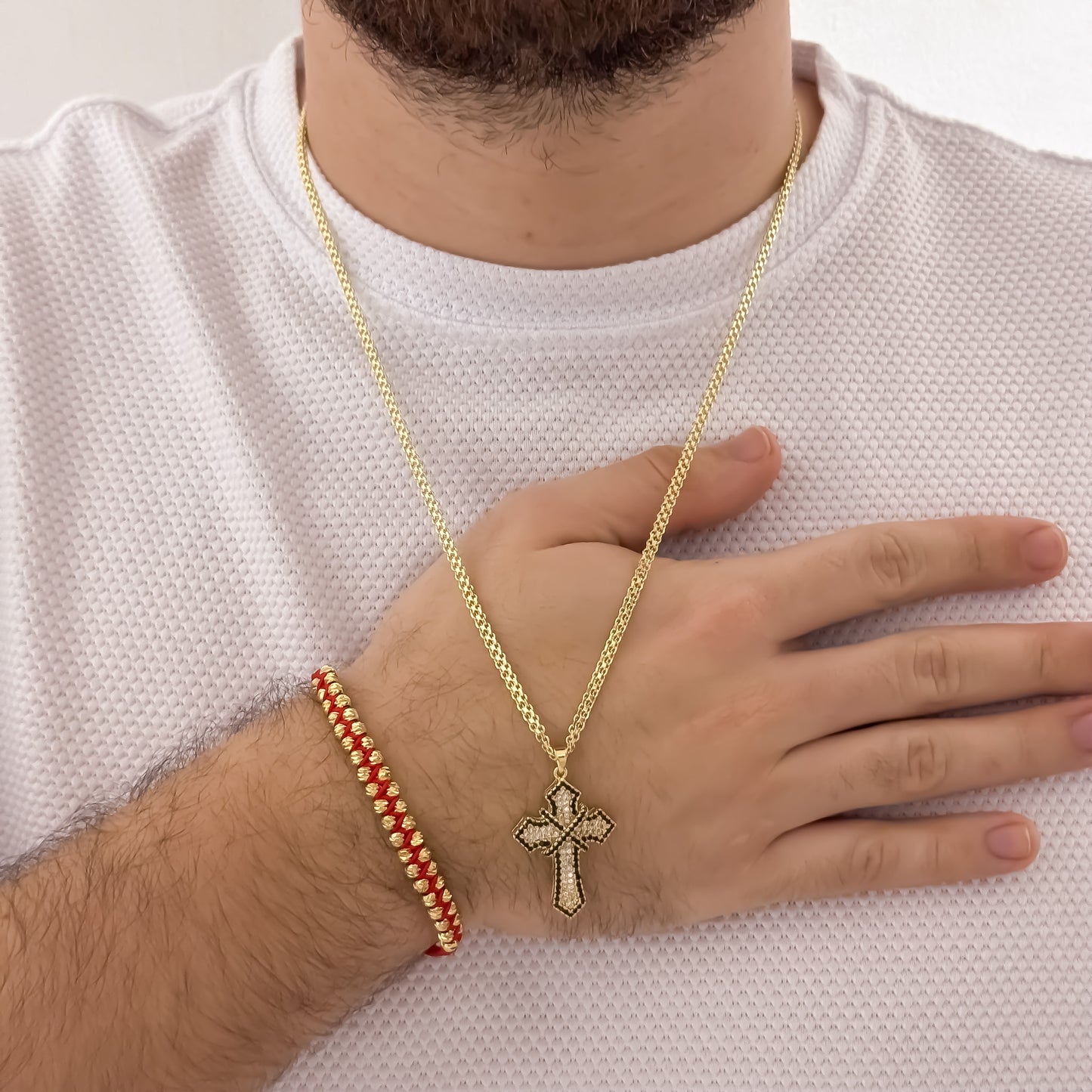 Cadena Tejido Chino de Hombre de 60cm de 3mm + Cruz Con Micro circones Negro + Pulsera Doble Carril en Balin italiano de 4mm en Oro Laminado 18k con Garantia de por vida L