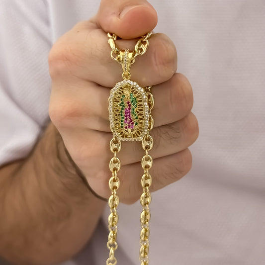 Cadena  Tejido Gucci de Hombre de 60cm de 5mm + Virgen Guadalupe Tallada de Colores en Oro Laminado 18k con Garantia de por vida