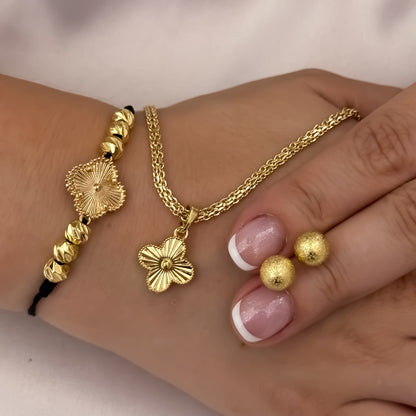Cadena Tejido Chino de 45cm de 3mm + Dije Van Cleef + Pulsera Van Cleef + Topo Balin Diamantado de 6mm en Oro Laminado 18k con Garantia de por vida