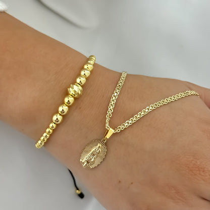 Cadena Tejido Chino de Dama de 45cm de 3mm + Virgen de Guadalupe tallada + Pulseras Full Balines de 4mm en Oro Laminado 18k con Garantia de por vida