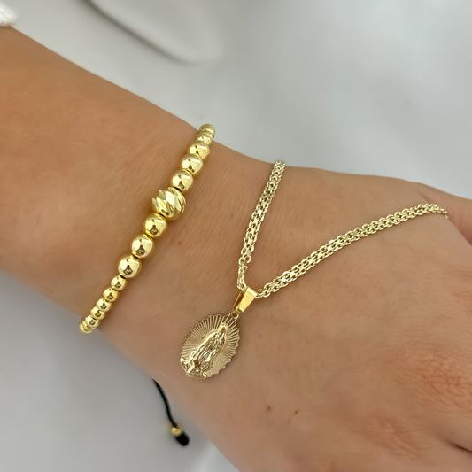 Cadena Tejido Chino de Dama de 45cm de 3mm + Virgen de Guadalupe Tallada + Pulsera Full Balines en Oro Laminado 18k con Garantia de por vida
