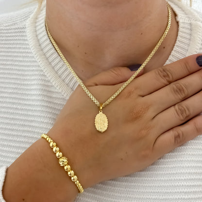 Cadena Tejido Chino de Dama de 45cm de 3mm + Virgen de Guadalupe tallada + Pulseras Full Balines de 4mm en Oro Laminado 18k con Garantia de por vida