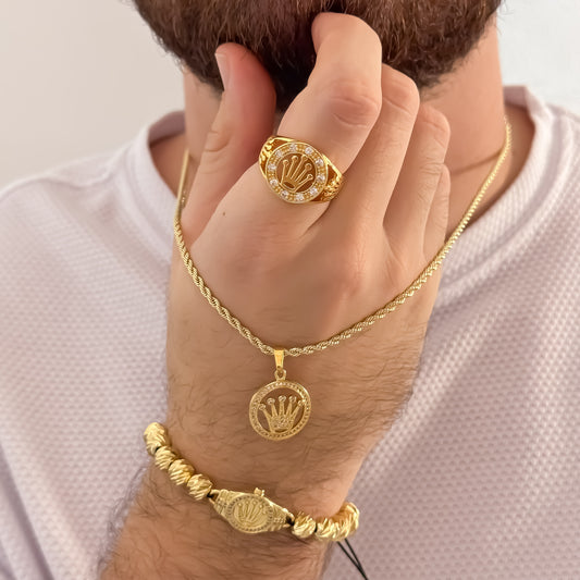 Cadena Tejido lazo Siciliano de hombre de 60cm de 3mm  + Dije de Corona Rolex con Micro Circones Cristales + Anillo Rolex Ajustable + Pulsera Rolex en Balin italiano de 8mm en Oro Laminado 18k con Garantia de por vida