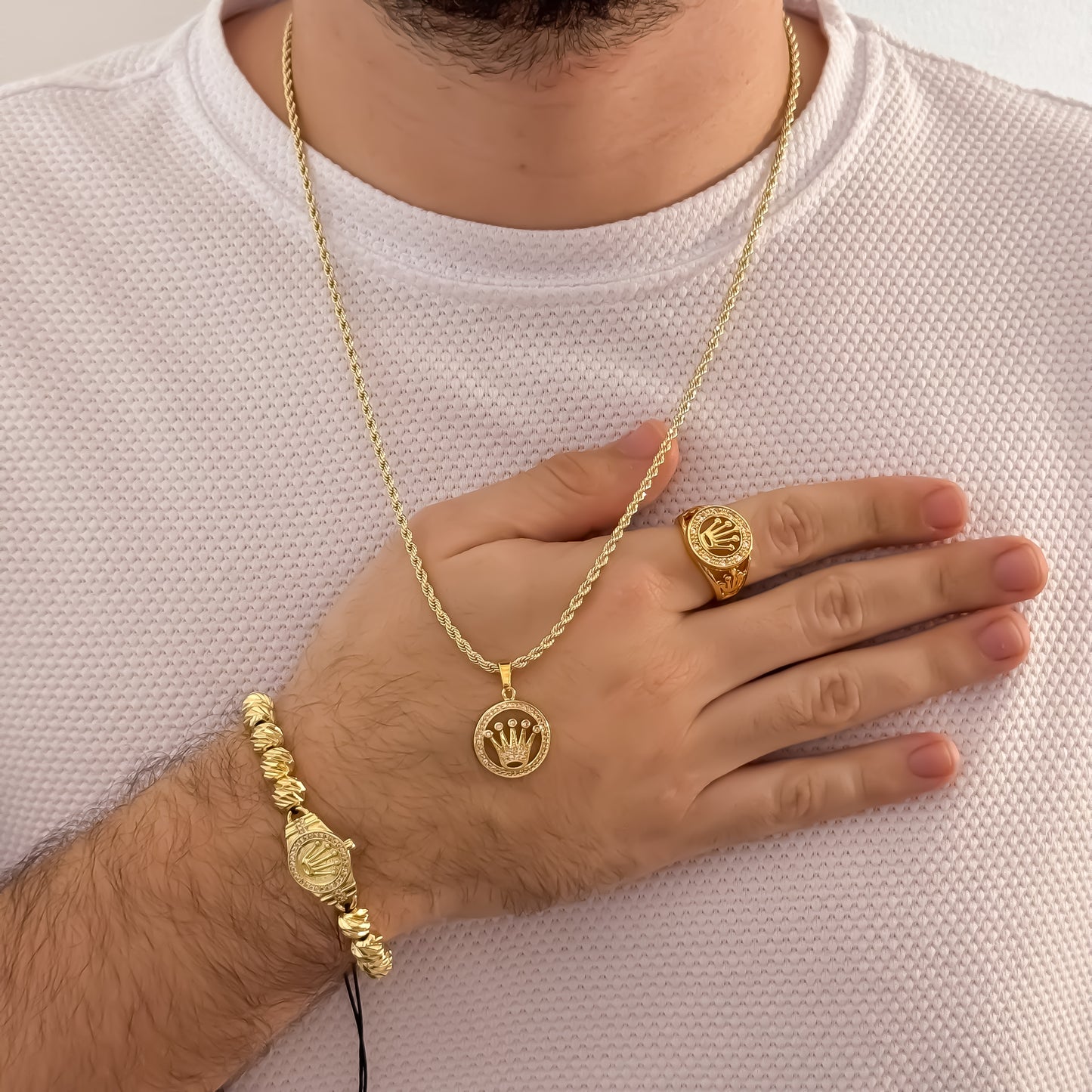 Cadena Tejido lazo Siciliano de hombre de 60cm de 3mm  + Dije de Corona Rolex con Micro Circones Cristales + Anillo Rolex Ajustable + Pulsera Rolex en Balin italiano de 8mm en Oro Laminado 18k con Garantia de por vida