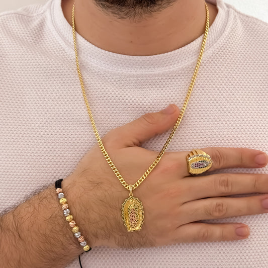 Cadena Tejido Cubana Hombre 60cm de 3mm + Virgen de Guadalupe talla Micro Circones + Anillo Virgen de Guadalupe + Pulseras de 3 Oros Balin italiano de 6mm en Oro Laminado 18k con Garantia de por vida