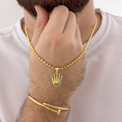 Cadena Tejido Militar de Hombre 60cm-4mm Diamantada + Corona Rolex con Micro Circones Verde Esmeralda + Pulsera Cartier clavo en Oro Laminado 18k con Garantía de por vida