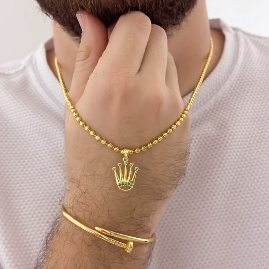 Cadena Tejido Militar de Hombre 60cm-4mm Diamantada + Corona Rolex con Micro Circones Verde Esmeralda + Pulsera Cartier clavo en Oro Laminado 18k con Garantía de por vida