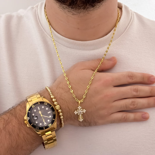 Cadena Tejido Gucci de Hombre de 60cm de 4mm + Cruz con Micro circones + Pulsera Full Balines de 4mm en Oro Laminado 18k con Garantia de por vida + Reloj Rolex de Hombre 1.1