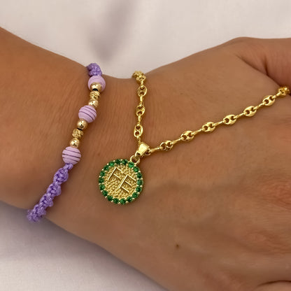 Cadena Tejido Gucci de Dama de 45cm de 3mm + Dije de Fe  con Micro circones Verde Esmeralda + Pulsera Hilo Mora en Balin Italiano en Oro Laminado 18k con Garantia de por vida