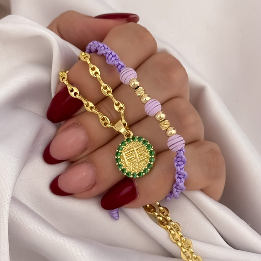 Cadena Tejido Gucci de Dama de 45cm de 3mm + Dije de Fe  con Micro circones Verde Esmeralda + Pulsera Hilo Mora en Balin Italiano en Oro Laminado 18k con Garantia de por vida