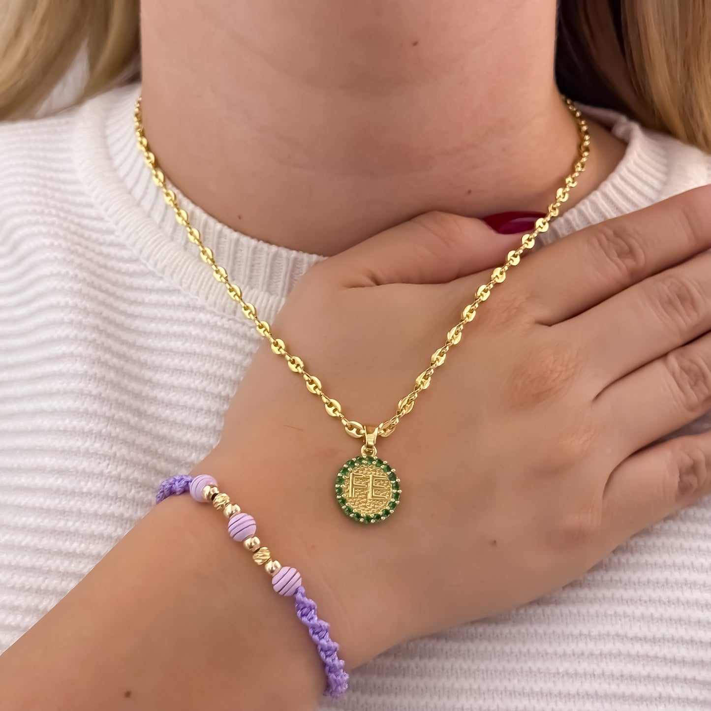 Cadena Tejido Gucci de Dama de 45cm de 3mm + Dije de Fe  con Micro circones Verde Esmeralda + Pulsera Hilo Mora en Balin Italiano en Oro Laminado 18k con Garantia de por vida