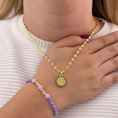 Cadena Tejido Gucci de Dama de 45cm de 3mm + Dije de Fe  con Micro circones Verde Esmeralda + Pulsera Hilo Mora en Balin Italiano en Oro Laminado 18k con Garantia de por vida
