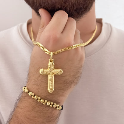 Cadena Tejido Cubana Cruzada de hombre de 60cm de 5mm + Cruz Cristo Madero Grueso + Pulsera Doble Carril en balin Italiano de 5mm-3mm en Oro Laminado 18k con Garantia de por vida