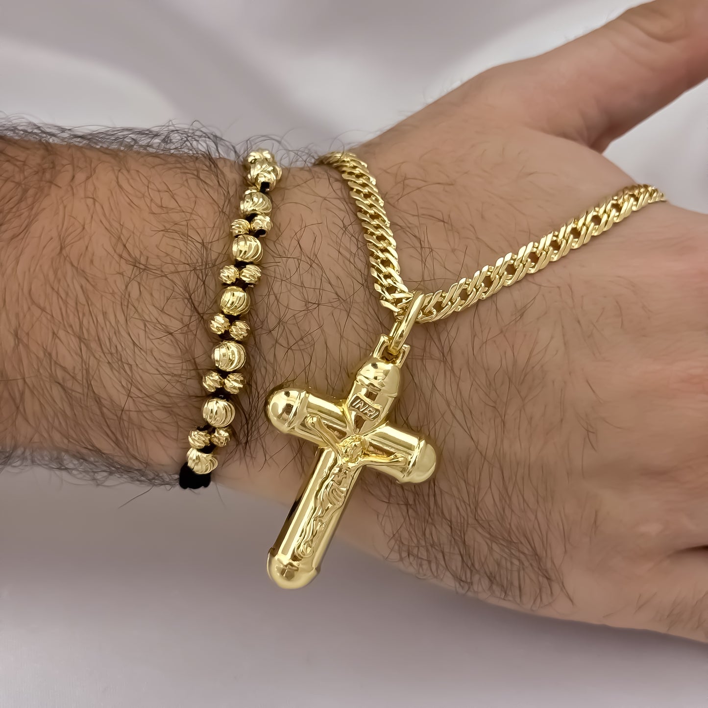 Cadena Tejido Cubana Cruzada de hombre de 60cm de 5mm + Cruz Cristo Madero Grueso + Pulsera Doble Carril en balin Italiano de 5mm-3mm en Oro Laminado 18k con Garantia de por vida