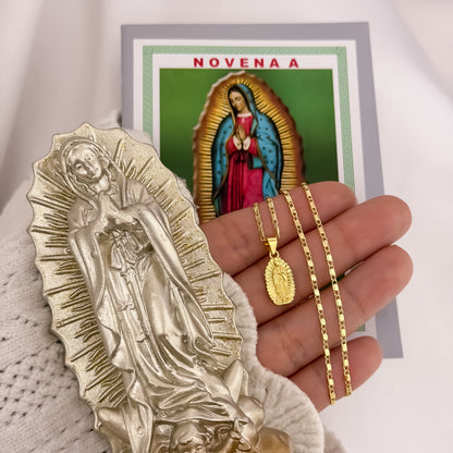 Cadena Tejido Chino de Dama de 45cm + Dije de Virgen de Guadalupe Tallada en Oro Laminado 18k  + Obsequio de Porcelana virgen de Guadalupe + Novena