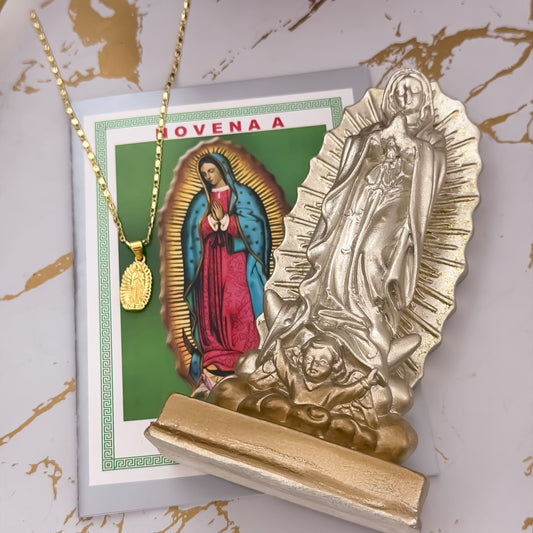 Cadena Tejido Chino de Dama de 45cm + Dije de Virgen de Guadalupe Tallada en Oro Laminado 18k  + Obsequio de Porcelana virgen de Guadalupe + Novena