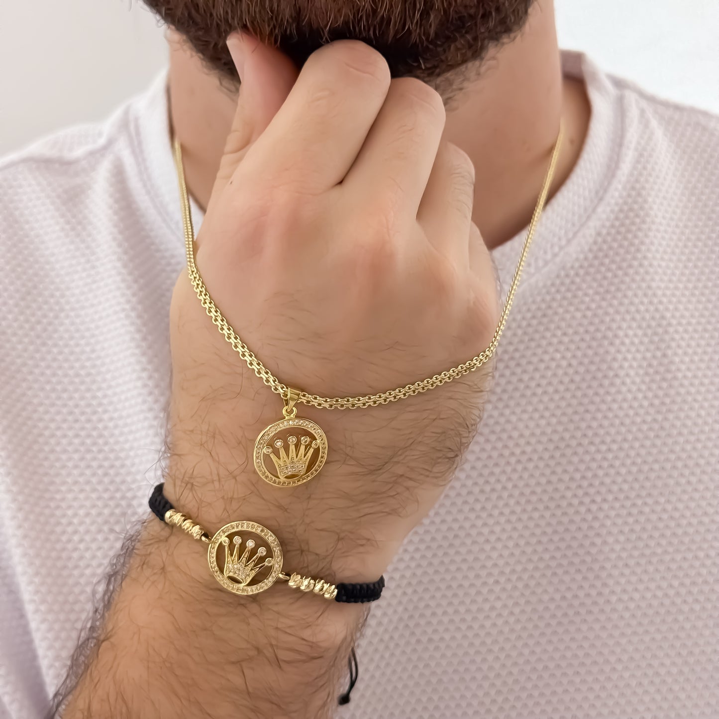 Cadena Tejido Chino de Hombre de 60cm de 3mm + Corona Rolex con Micro Circones Cristales + Pulsera Tejida  Corona Rolex en Oro Laminado 18k con Garantia de por vida