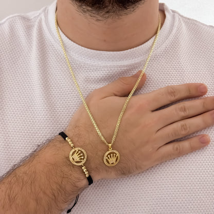 Cadena Tejido Chino de Hombre de 60cm de 3mm + Corona Rolex con Micro Circones Cristales + Pulsera Tejida  Corona Rolex en Oro Laminado 18k con Garantia de por vida