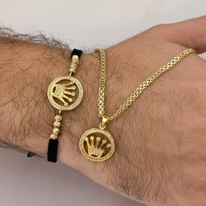 Cadena Tejido Chino de Hombre de 60cm de 3mm + Corona Rolex con Micro Circones Cristales + Pulsera Tejida  Corona Rolex en Oro Laminado 18k con Garantia de por vida