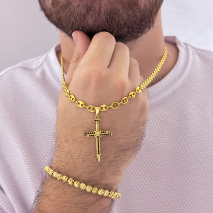 Cadena Tejido Gucci de Hombre de 60cm de 5mm + Cruz Clavo Micro Circones Negro + Pulsera Balin Italiano de 6mm en Oro Laminado 18k con Garantia de por vida