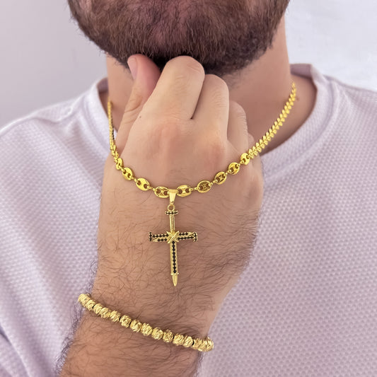 Cadena Tejido Gucci de Hombre de 60cm de 5mm + Cruz Clavo Micro Circones Negro + Pulsera Balin Italiano de 6mm en Oro Laminado 18k con Garantia de por vida