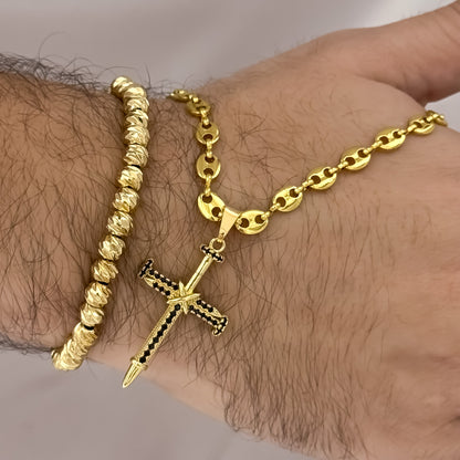 Cadena Tejido Gucci de Hombre de 60cm de 5mm + Cruz Clavo Micro Circones Negro + Pulsera Balin Italiano de 6mm en Oro Laminado 18k con Garantia de por vida