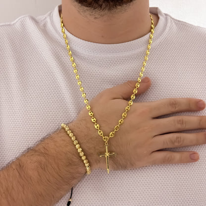 Cadena Tejido Gucci de Hombre de 60cm de 5mm + Cruz Clavo Micro Circones Negro + Pulsera Balin Italiano de 6mm en Oro Laminado 18k con Garantia de por vida