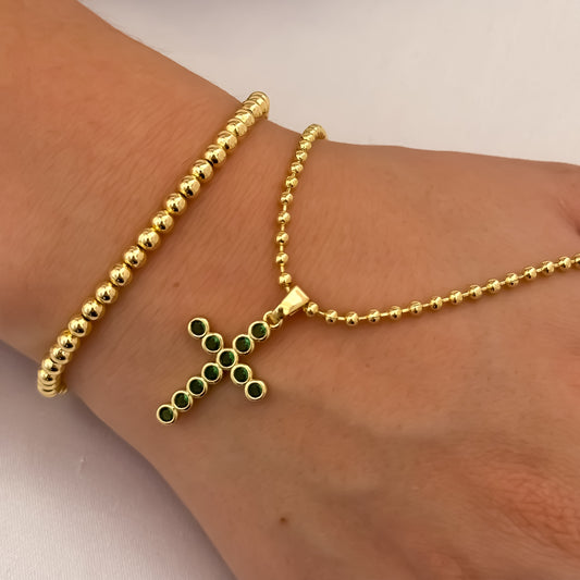 Cadena Tejido Militar de Dama de 45cm de 3mm + Cruz con Micro Circones Verde Esmeralda + Pulsera Full Balines de 4mm en Oro Laminado 18k con Garantia de por vida