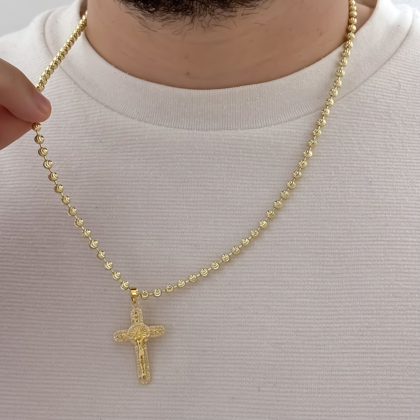 Cadena Tejido Militar Diamantada de 60cm de 4mm + Cruz Cristo Cristal en Oro Laminado 18k con Garantia de por vida