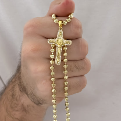 Cadena Tejido Militar Diamantada de 60cm de 4mm + Cruz Cristo Cristal en Oro Laminado 18k con Garantia de por vida