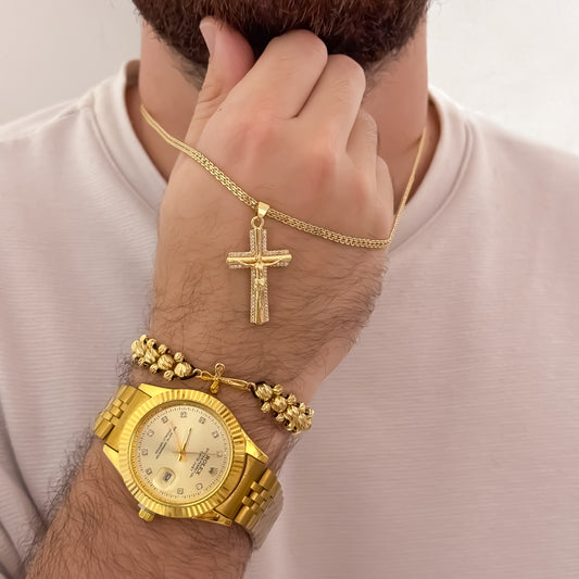 Cadena Tejido Chino de Hombre de 60cm de 3mm + Cruz Cristo Madero + Pulsera Cruz de Tres Carriles en Oro Laminado 18k  + Reloj Rolex 1.1