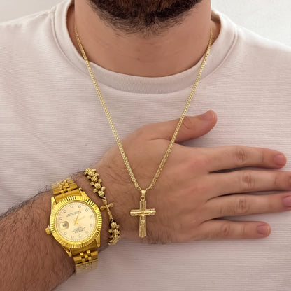 Cadena Tejido Chino de Hombre de 60cm de 3mm + Cruz Cristo Madero + Pulsera Cruz de Tres Carriles en Oro Laminado 18k  + Reloj Rolex 1.1
