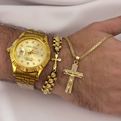 Cadena Tejido Chino de Hombre de 60cm de 3mm + Cruz Cristo Madero + Pulsera Cruz de Tres Carriles en Oro Laminado 18k  + Reloj Rolex 1.1