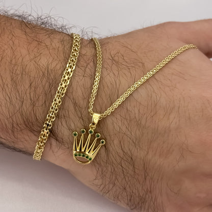 Cadena Tejido Chino Hombre de 60cm de 3mm + Corona Rolex con Micro Circones Verde + Pulsera de 20cm de 4mm en Oro Laminado 18k con Garantia de por vida