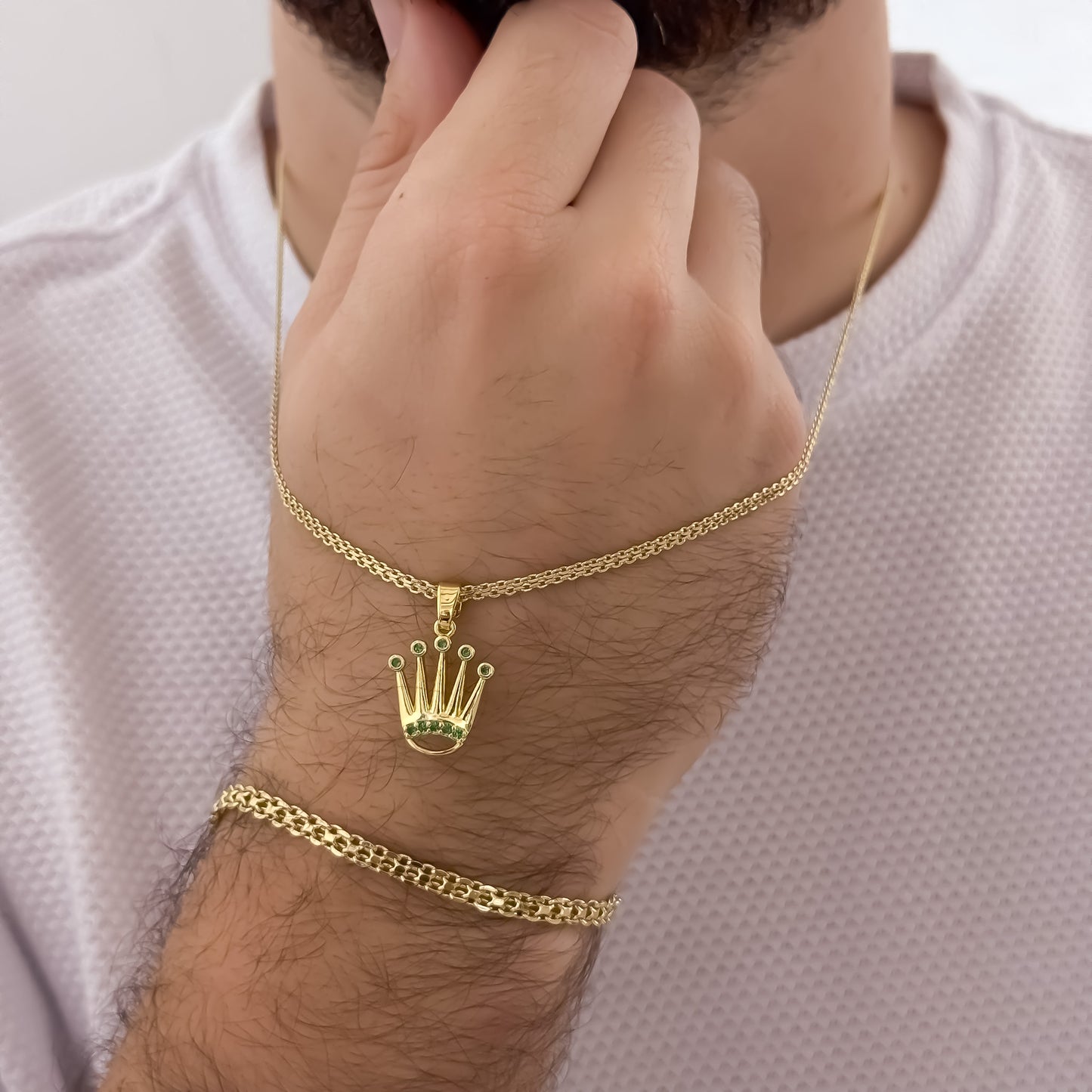 Cadena Tejido Chino Hombre de 60cm de 3mm + Corona Rolex con Micro Circones Verde + Pulsera de 20cm de 4mm en Oro Laminado 18k con Garantia de por vida