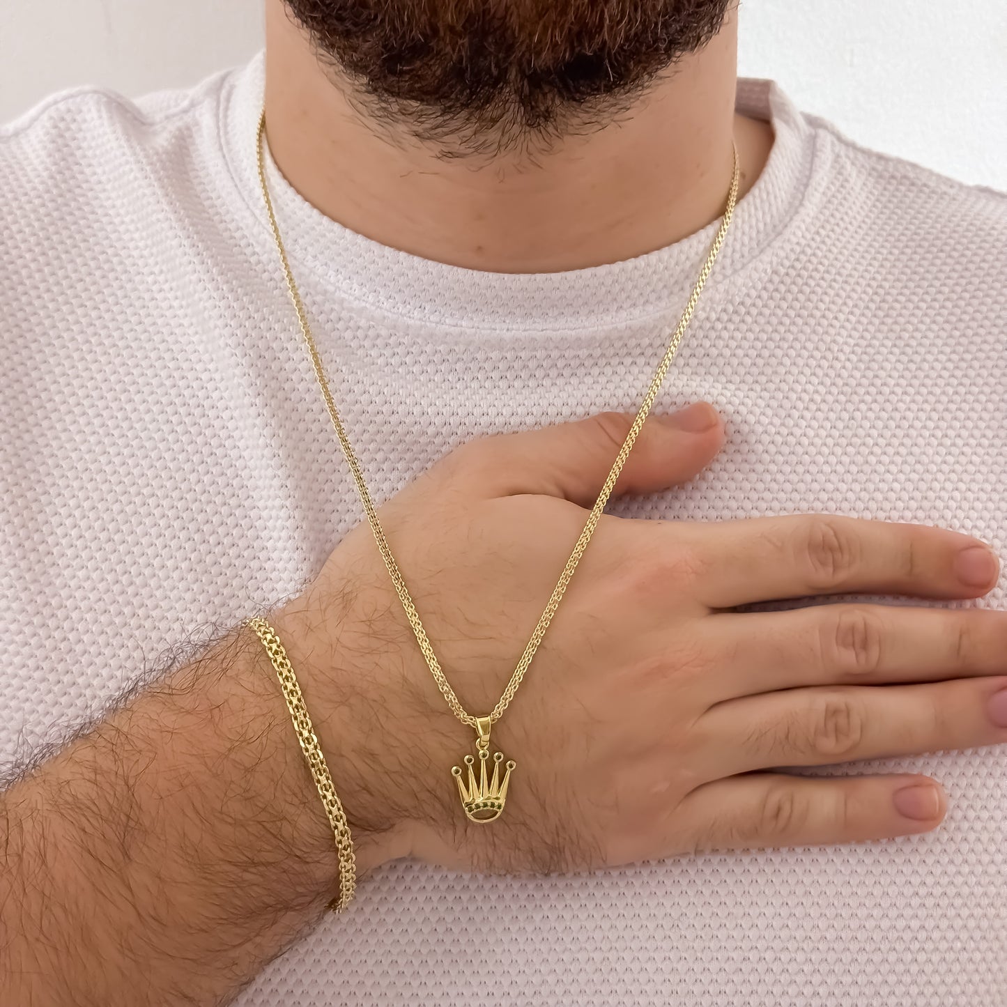 Cadena Tejido Chino Hombre de 60cm de 3mm + Corona Rolex con Micro Circones Verde + Pulsera de 20cm de 4mm en Oro Laminado 18k con Garantia de por vida