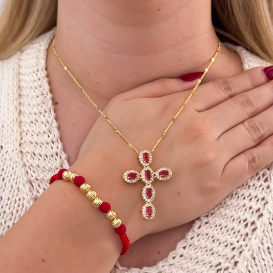 Cadena Tejido Cubana de 45cm de 2mm + Cruz con Micro Circones Rojo + Pulseras Balin italinao de 6mm en Hilo Rojo en Oro Laminado 18k con Garantia de por vida