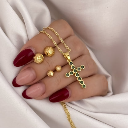 Cadena Tejido Singapur de Dama de 45cm + Cruz Verde Esmeralda  + Par de Topo Balin Italiano de 8mm - 6mm en Oro Laminado 18k con Garantia de por vida