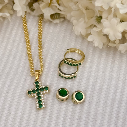 Cadena Tejido Chino de Dama de 45cm de 3mm + Cruz Verde Esmeralda + Topos Verde + Candongas Micro Circones Verde en Oro Laminado 18k con Garantia de por vida