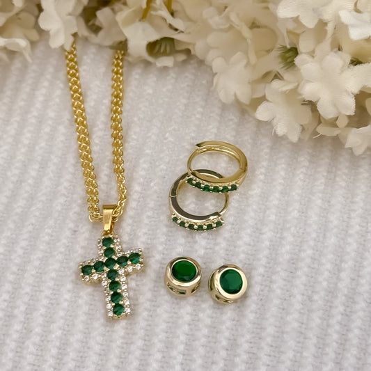 Cadena Tejido Chino de Dama de 45cm de 3mm + Cruz Verde Esmeralda + Topos Verde + Candongas Micro Circones Verde en Oro Laminado 18k con Garantia de por vida
