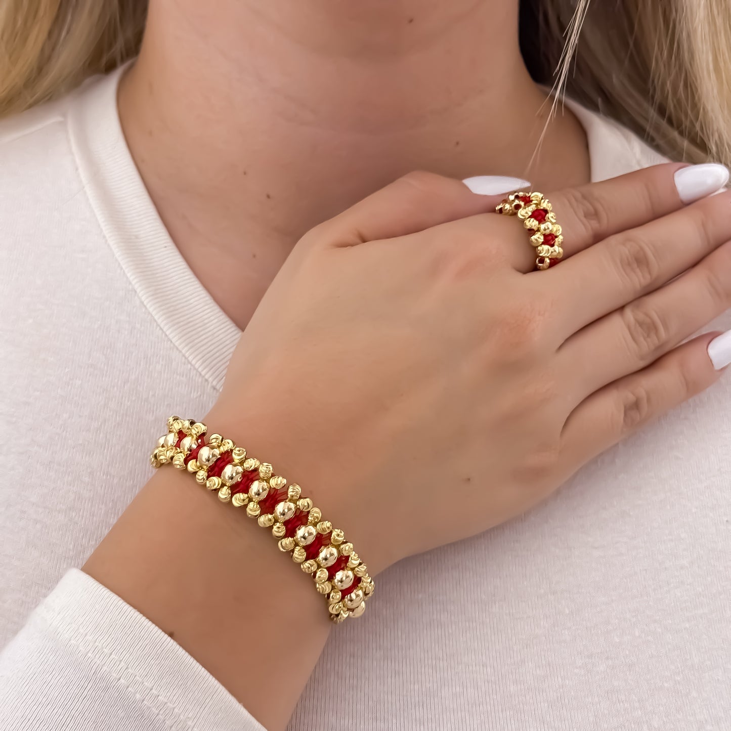 Juego de Pulsera Doble Carril en Balin Italiano de 4mm Liso de 5mm + Anillo Tejido en Balin Italiano en Oro Laminado 18k con Garantía de por vida
