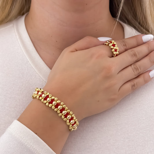 Juego de Pulsera Doble Carril en Balin Italiano de 4mm Liso de 5mm + Anillo Tejido en Balin Italiano en Oro Laminado 18k con Garantía de por vida