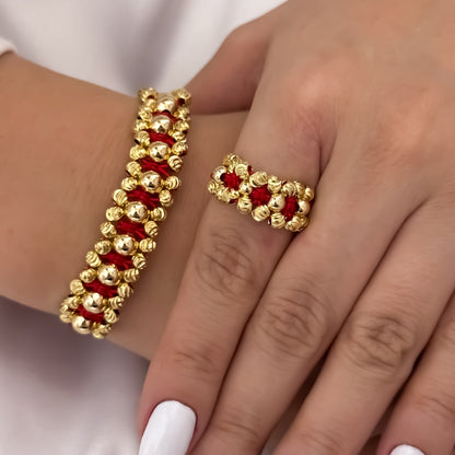 Juego de Pulsera Doble Carril en Balin Italiano de 4mm Liso de 5mm + Anillo Tejido en Balin Italiano en Oro Laminado 18k con Garantía de por vida