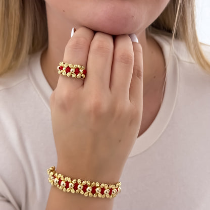 Juego de Pulsera Doble Carril en Balin Italiano de 4mm Liso de 5mm + Anillo Tejido en Balin Italiano en Oro Laminado 18k con Garantía de por vida