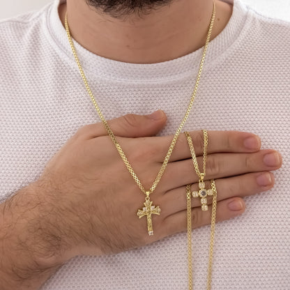 Juego de 2 Cadena Tejido Chino para Parejas de Hombre de 60cm + de Dama de 45cm +  Cruz Cristo Madero  en Oro Laminado 18k con Garantia de por vida