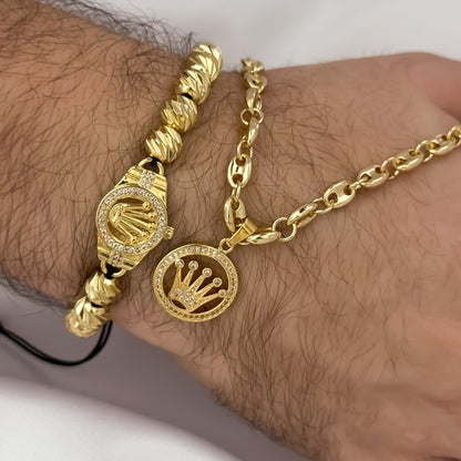 Cadena Tejido Gucci de Hombre de 60cm de 5mm + Corona Rolex con Micro Circones + Pulsera Rolex en  Balin italiano de 8mm Diamantado  en Oro Laminado 18k con Garantia de por vida