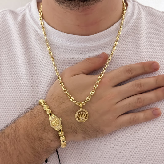 Cadena Tejido Gucci de Hombre de 60cm de 5mm + Corona Rolex con Micro Circones + Pulsera Rolex en  Balin italiano de 8mm Diamantado  en Oro Laminado 18k con Garantia de por vida