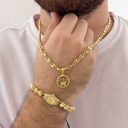 Cadena Tejido Gucci de Hombre de 60cm de 5mm + Corona Rolex con Micro Circones + Pulsera Rolex en  Balin italiano de 8mm Diamantado  en Oro Laminado 18k con Garantia de por vida
