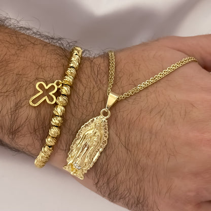 Cadena Tejido Chino de Hombre de 60cm de 3mm + Virgen de Guadalupe Tallada  + Pulsera Cruz Silueta en Balin italiano de 6mm en Oro Laminado 18k con Garantia de por vida